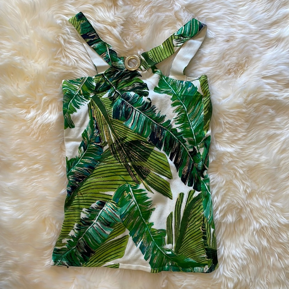 Cache Green Leaf Print Top